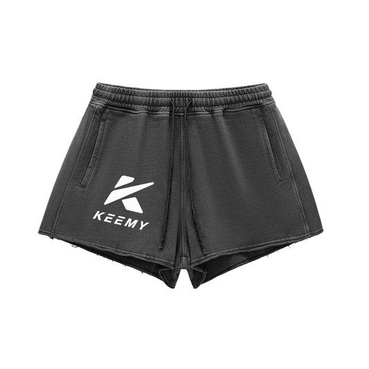 KEEMY Snow Washed Raw Edge Drawstring Shorts